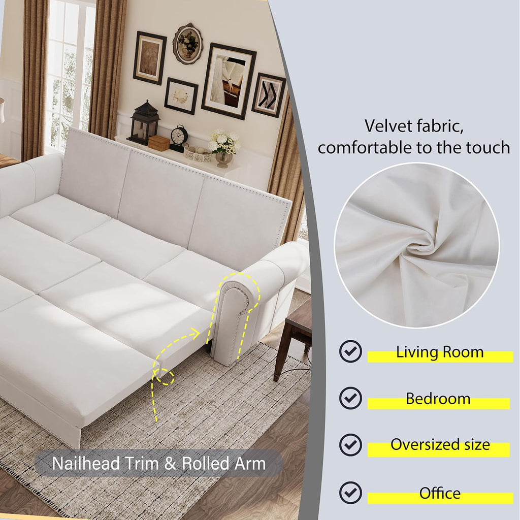 3 in 1 Convertible Sleeper Sofa Bed, 93.7" King Size Sofa Sleeper with Pull Out Bed, Velvet Folding Loveseat Sofa 3-Seater with Deep Seat, Nailhead Trim & Rolled Arm for Living Room (Beige)
