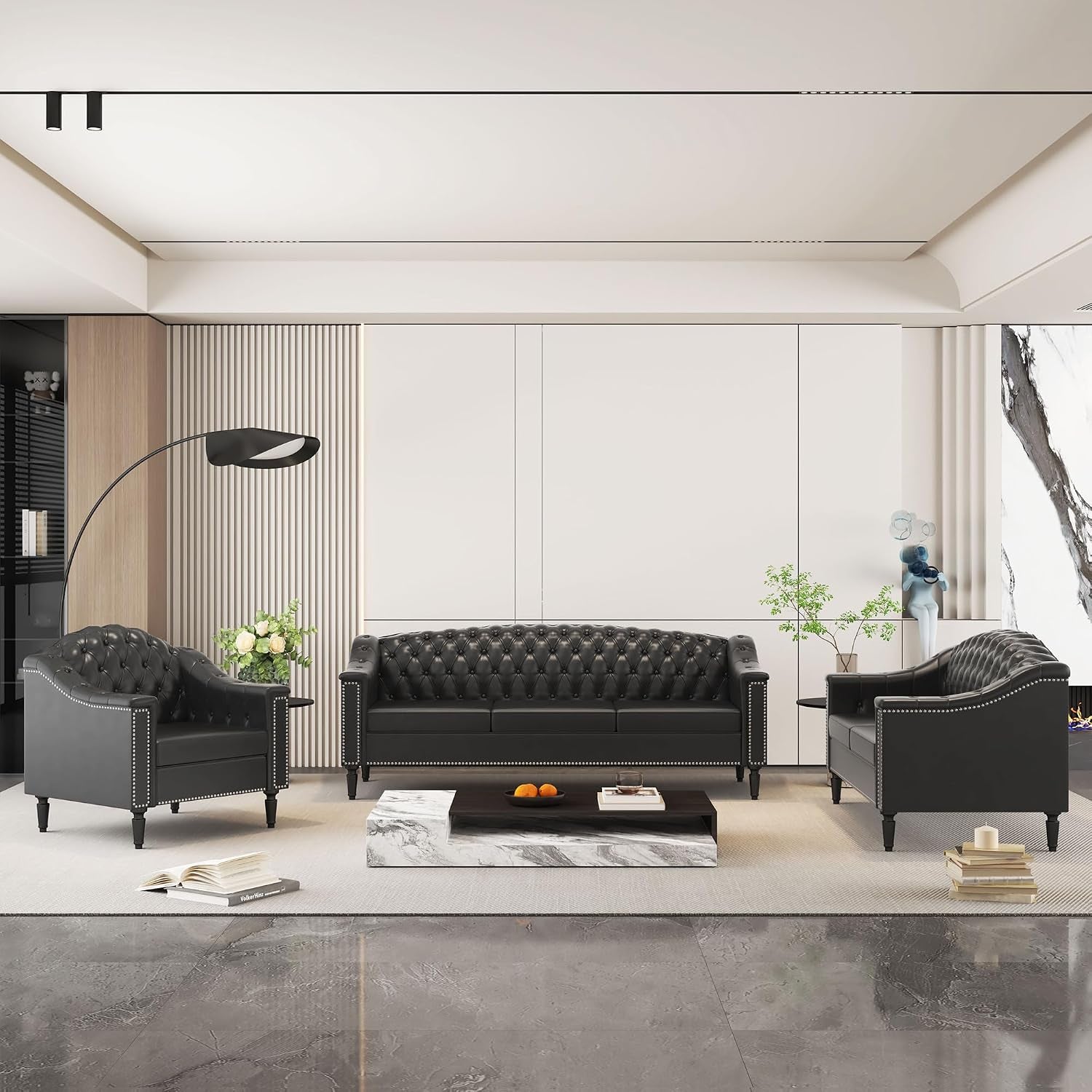 3-Piece Living Room Sofa Set, Chesterfield Sofa Mid-Century Modern PU Sofa, Upholstered Couch with Nailhead Trim and Button Tufted for Living Room, Office, Bedroom (1+2+3 Seat Black)