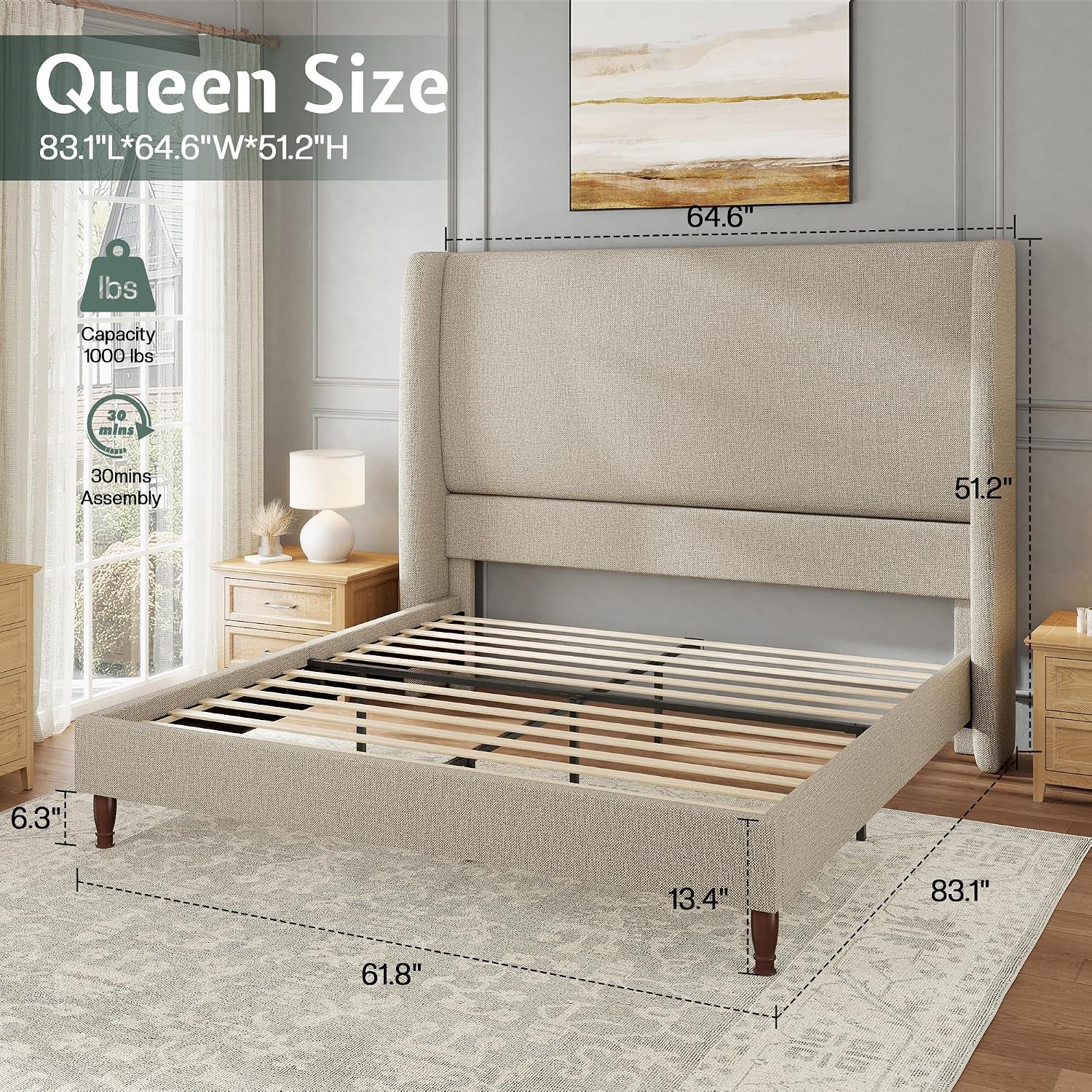 Bed Frame Queen Size Tall Wingback Headboard Upholstered, Brown