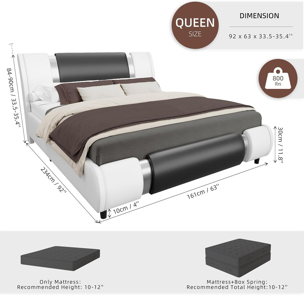 Modern Queen Size Bed Frame with Mirror Metal Decoration, Faux Leather Upholstered Platform Bed with Curved Headboard, Wooden Slats Support, No Box Spring Needed, Whiteblack