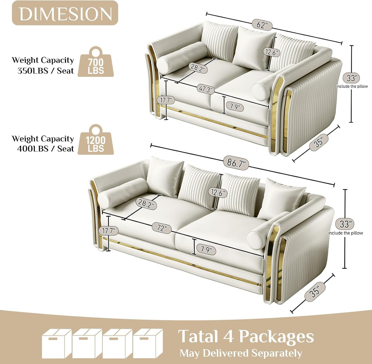 Luxury Chesterfield Loveseat and Sofa Set, Tufted Velvet Gold Couch, White