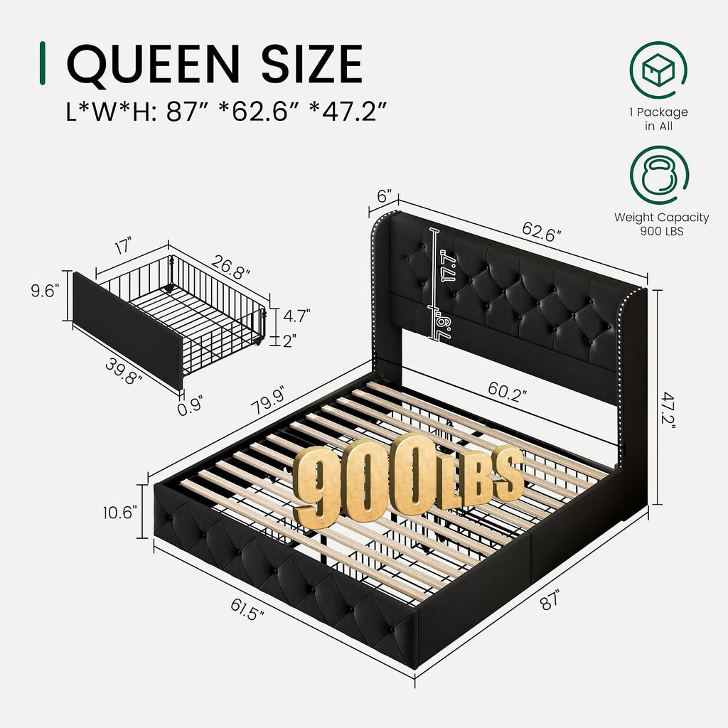 Queen Size Bed Frame with 4 Storage Drawers and 47.2" Tall Wingback Headboard Upholstered Platform Beds Velvet Tufted Bed Frame with Wooden Slats Support, Easy Assembly, Black