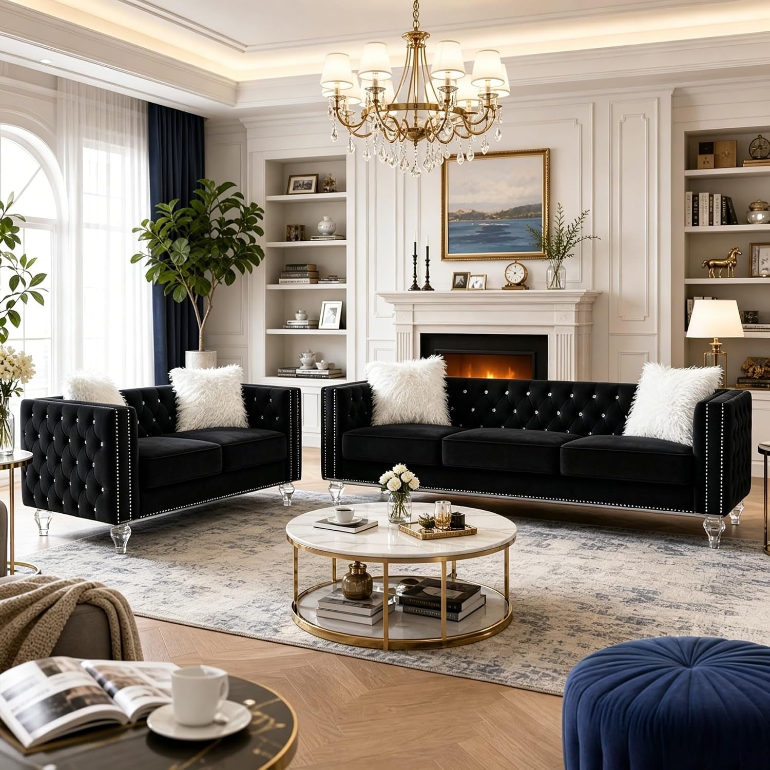 2 Piece Chesterfield Sofa Couch Set for Living Room,Luxury Crystal Button Tufted Sofas with Silver Nailhead Trim Set of 2,Including a Loveseat and a 3 Seater Sofa for Apartment,Velvet Black
