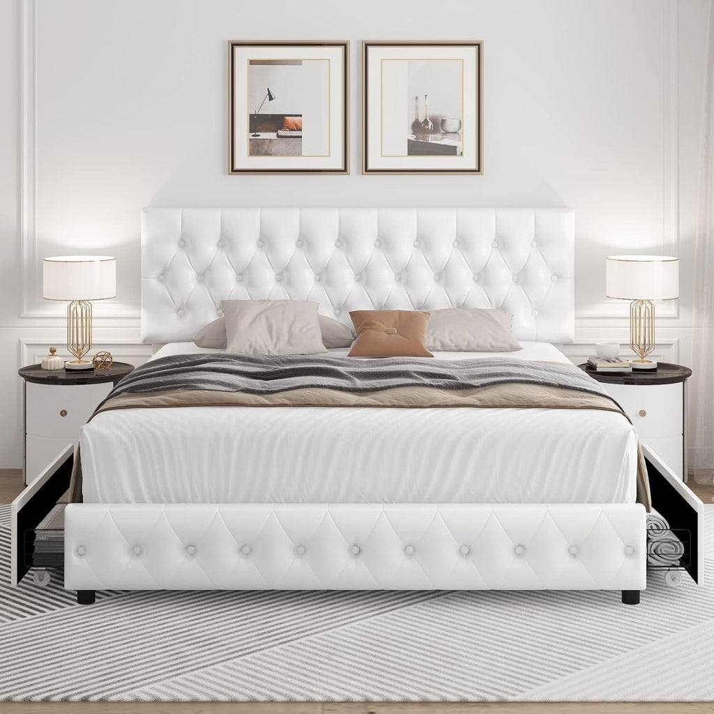 Queen Size Upholstered Platform Bed Frame with 4 Storage Drawers, Modern White Faux Leather Bed with Adjustable Button Tufted Headboard, Solid Wooden Slat Support, Easy Assembly