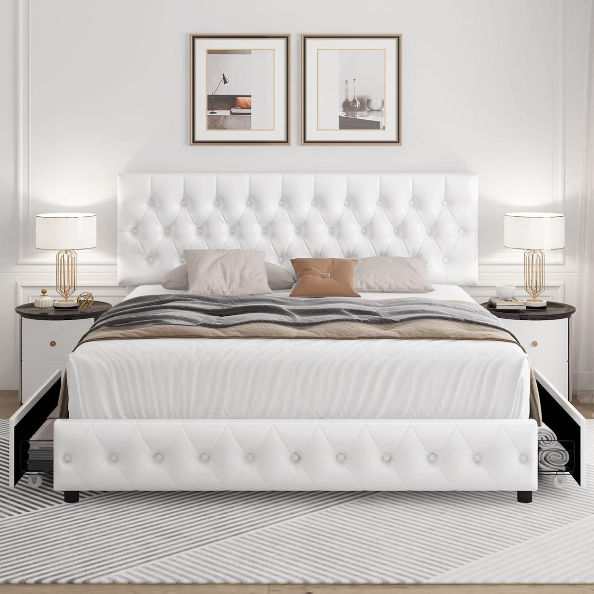 Queen Size Upholstered Platform Bed Frame with 4 Storage Drawers, Modern White Faux Leather Bed with Adjustable Button Tufted Headboard, Solid Wooden Slat Support, Easy Assembly