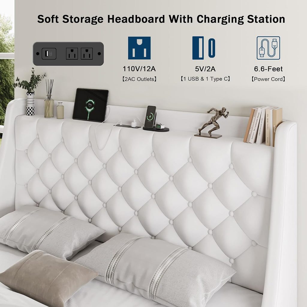 Queen Bed Frame with 4 Storage Drawers, Huge Upholstered Wingback Headboard, Fast Charging Station, No Box Spring Needed, Noise-Free, White