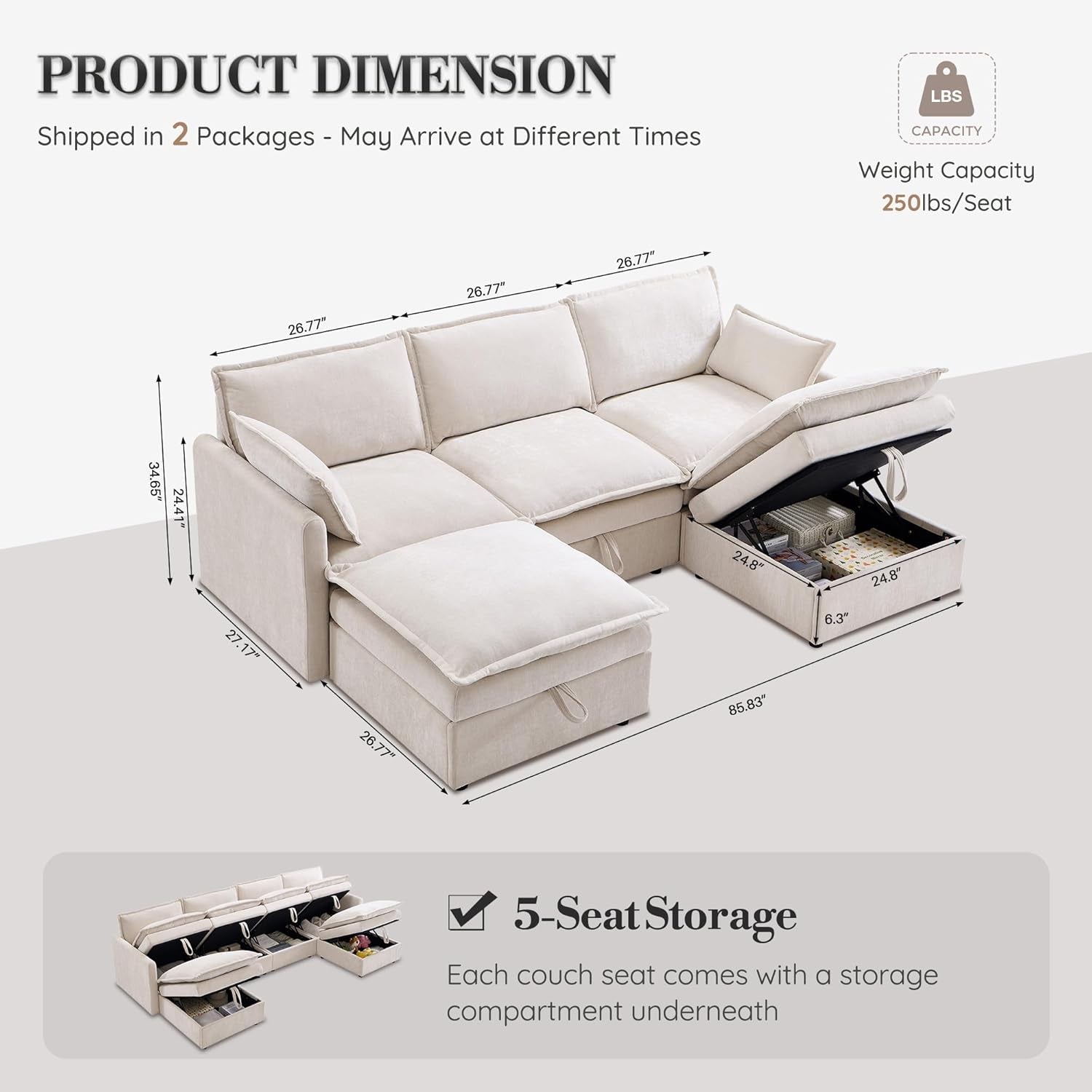 85.83" Modular Sectional Cloud Couches for Living Room, Modern Sectional Sofa with Storage Ottoman, U-Shape 5 Seat Chenille Cloud Sofa with Pillows for Bedroom and Apartment, Beige