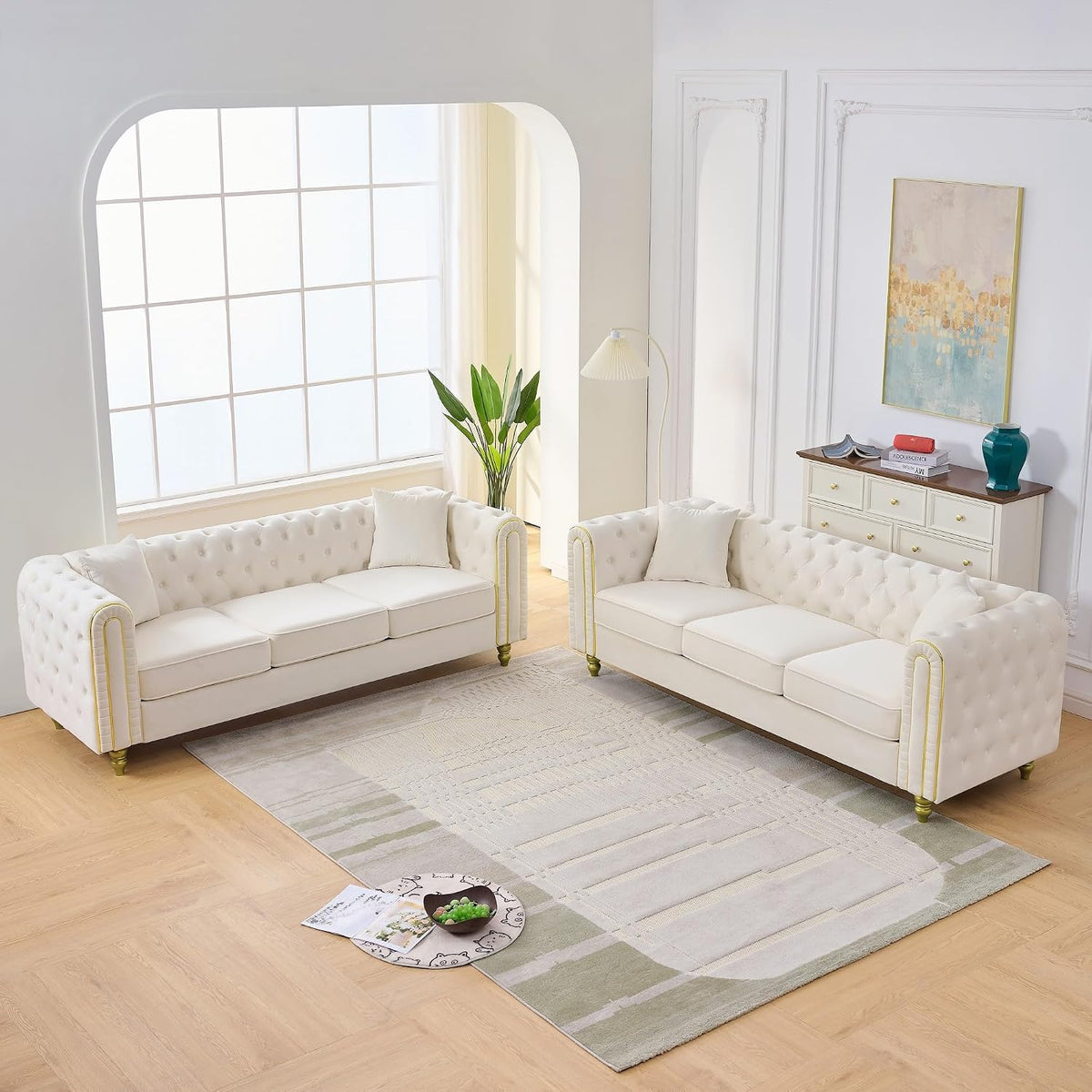 Velvet Chesterfield Button Tufted Sofa Set, 2 Pcs Modern 3 Seater Couch with Golden Legs & High-Density Cushion, Upholstered Comfy Sofa with Pillows for Living Room, Beige