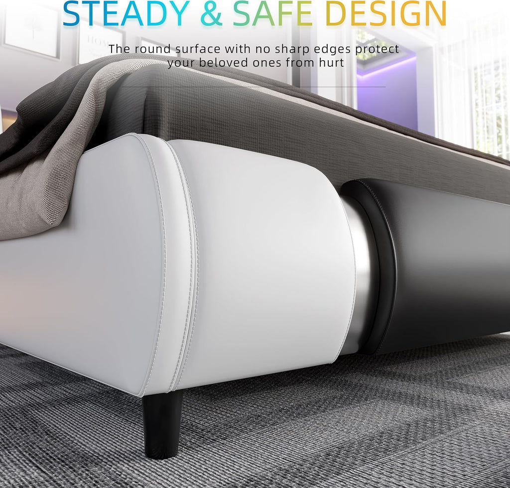 Modern Queen Size Bed Frame with Mirror Metal Decoration, Faux Leather Upholstered Platform Bed with Curved Headboard, Wooden Slats Support, No Box Spring Needed, Whiteblack