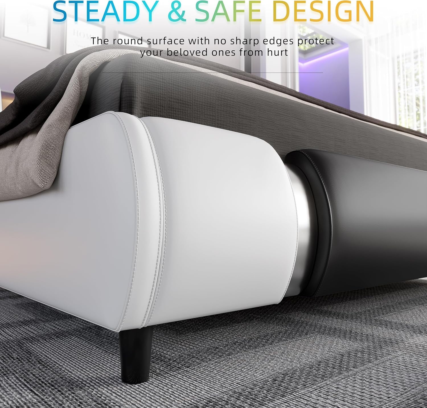 Modern Queen Size Bed Frame with Mirror Metal Decoration, Faux Leather Upholstered Platform Bed with Curved Headboard, Wooden Slats Support, No Box Spring Needed, Whiteblack