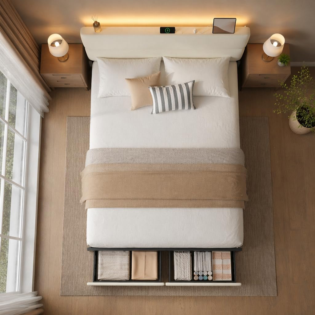 Queen Bed Frame with 2 Storage Drawers, Beige Velvet Upholstered