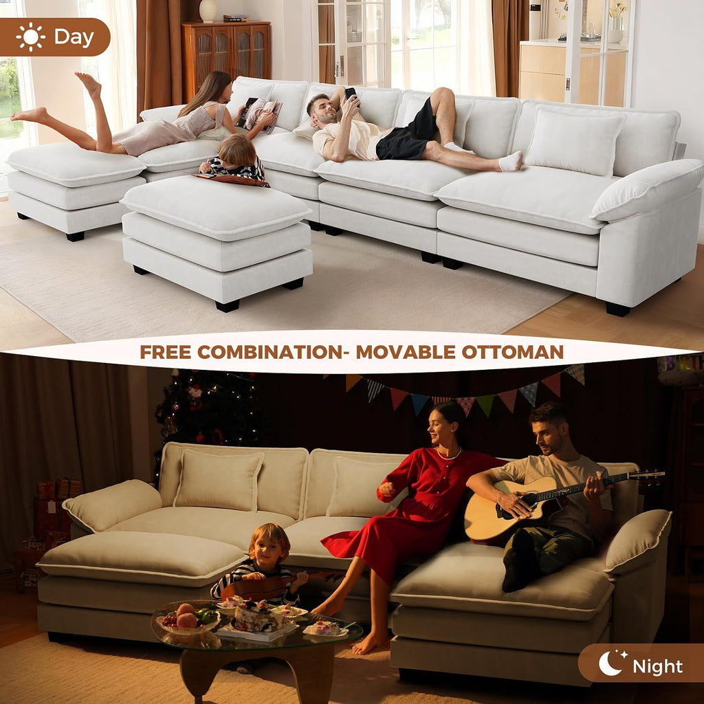 120" Modular Sectional Sofa, Comfy L-Shaped Cloud Couch with Movable Ottoman, Oversized 4-Seater Velvet Deep Seat Sofa Couch for Living Room, DIY Combination, Beige