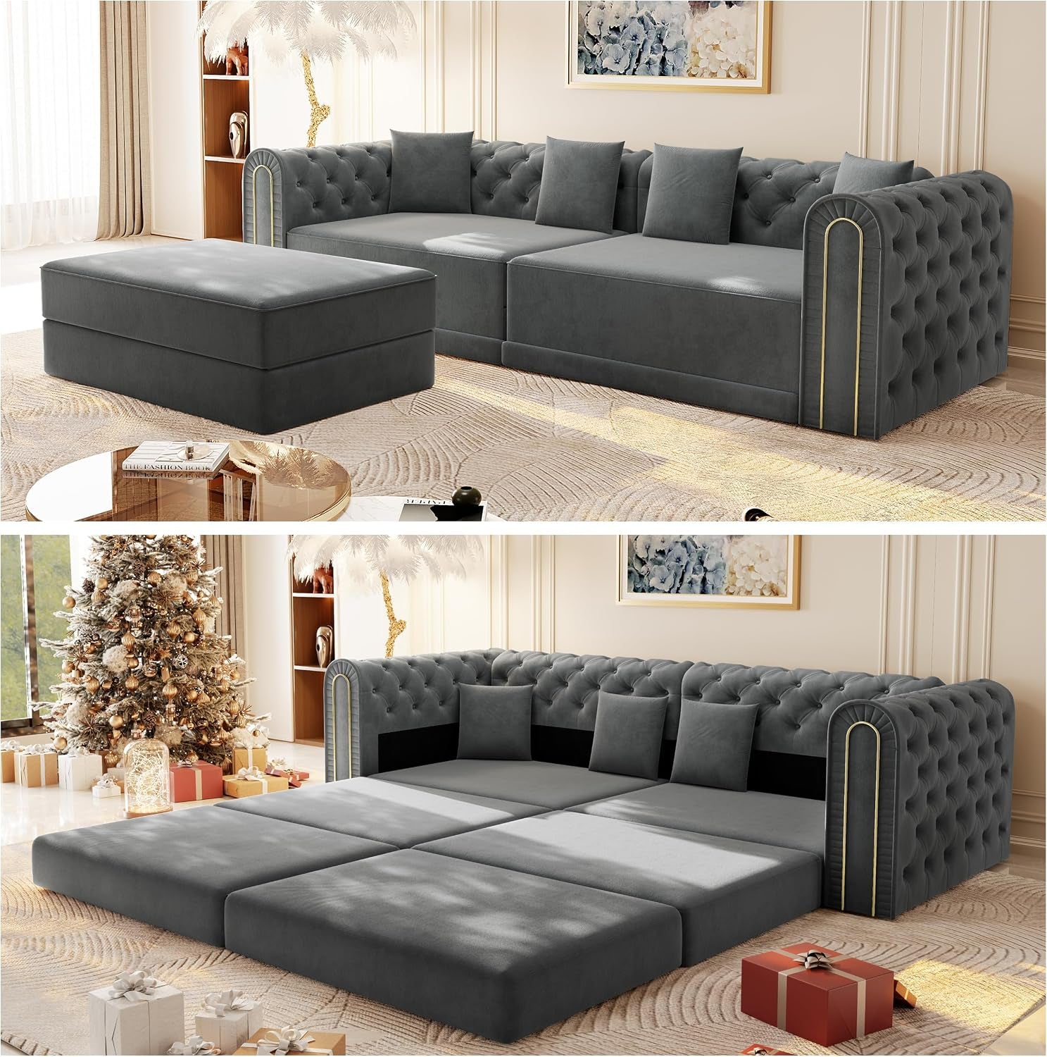 90.6" King Size Sleeper Sofa Bed, 3-In-1 Convertible Foldable Chesterfield Floor Couch with Ottoman, Oversized Velvet Button Tufted L Shaped Sofa for Living Room Small Spaces, Dark Grey