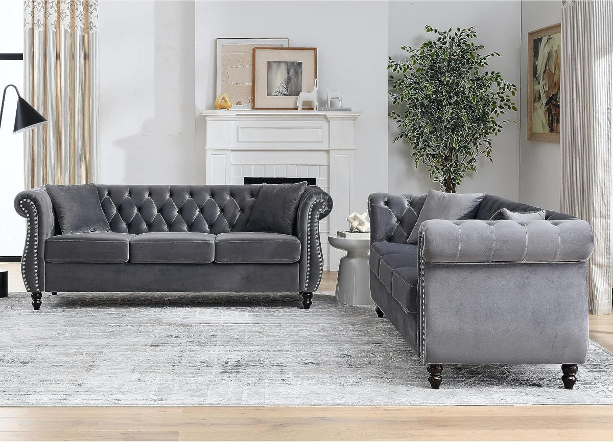 80" 2 Piece 3-Seater Velvet Chesterfield Sofa for Living Room,Combination Sofa with 4 Pillows,Button Tufted Trimming Curved Backrest Rolled Arms with Black Legs (Grey, 80" 3+3 Seat Velvet Sofa Sets)