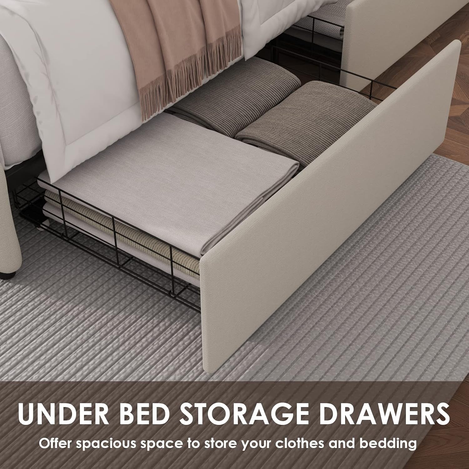 Queen Bed Frame with 4 Storage Drawers and Adjustable Headboard, Upholstered Platform Bed with Button Tufted Design, Strong Wooden Slats Support, No Box Spring Needed, Fabric, Cream
