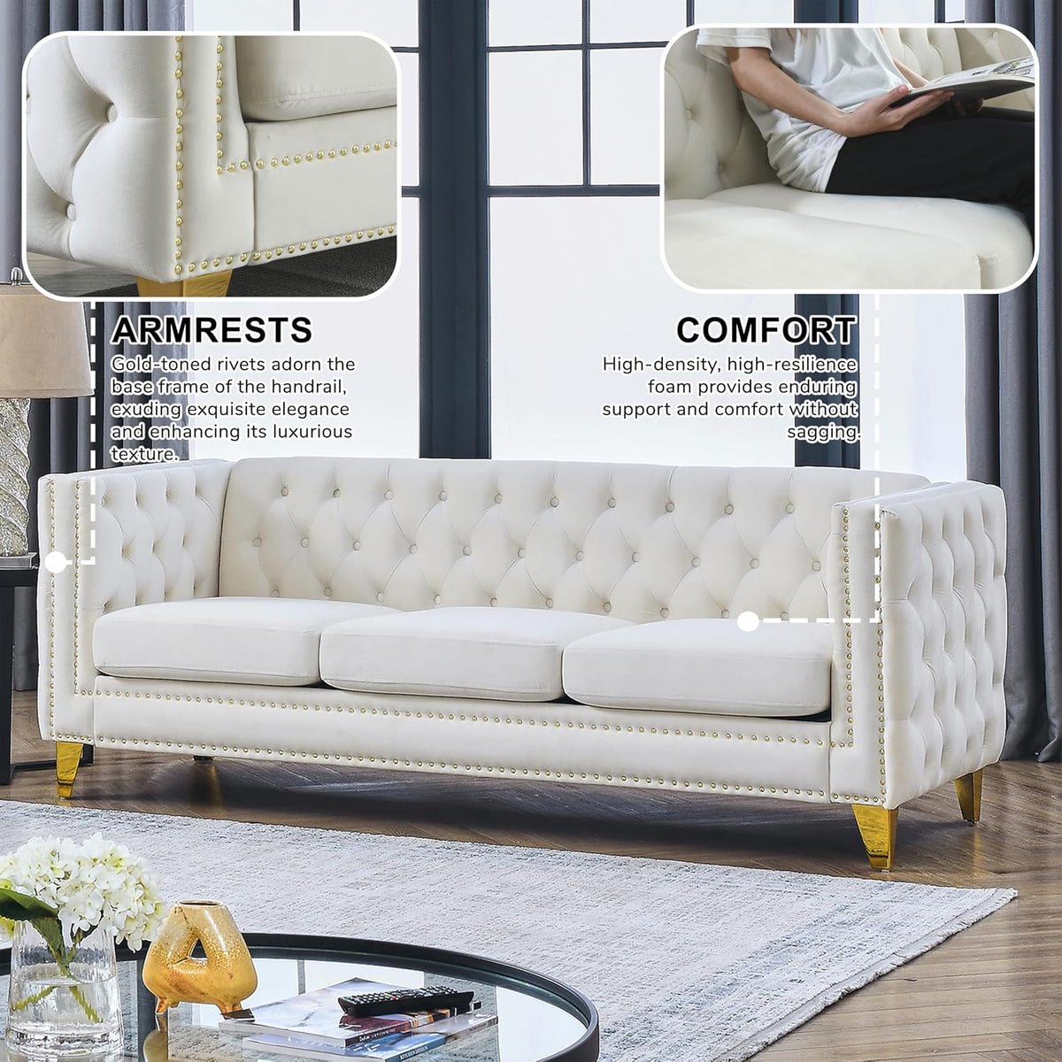 2 Pieces Beige 81" 3-Seater Velvet Sofa Set, Buttons Tufted and Square Arm, Inlaid Gold Nail Heads and 4 Golden Metal Legs for Living Room