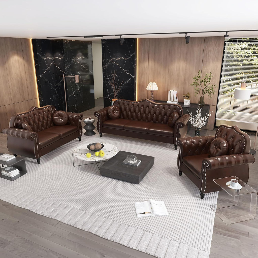 Chesterfield 3-Piece Living Room Sectional Sofa Set, Mid-Century Modern Upholstered PU Couch, Classic Tufted Button Sofa with Nailhead Trim for Living Room, Office (Brown)