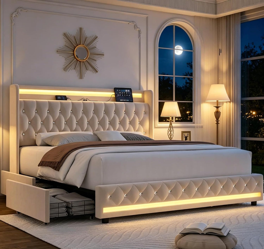 Upholstered Queen LED Bed Frame W/Storage & Charging Headboard, Beige