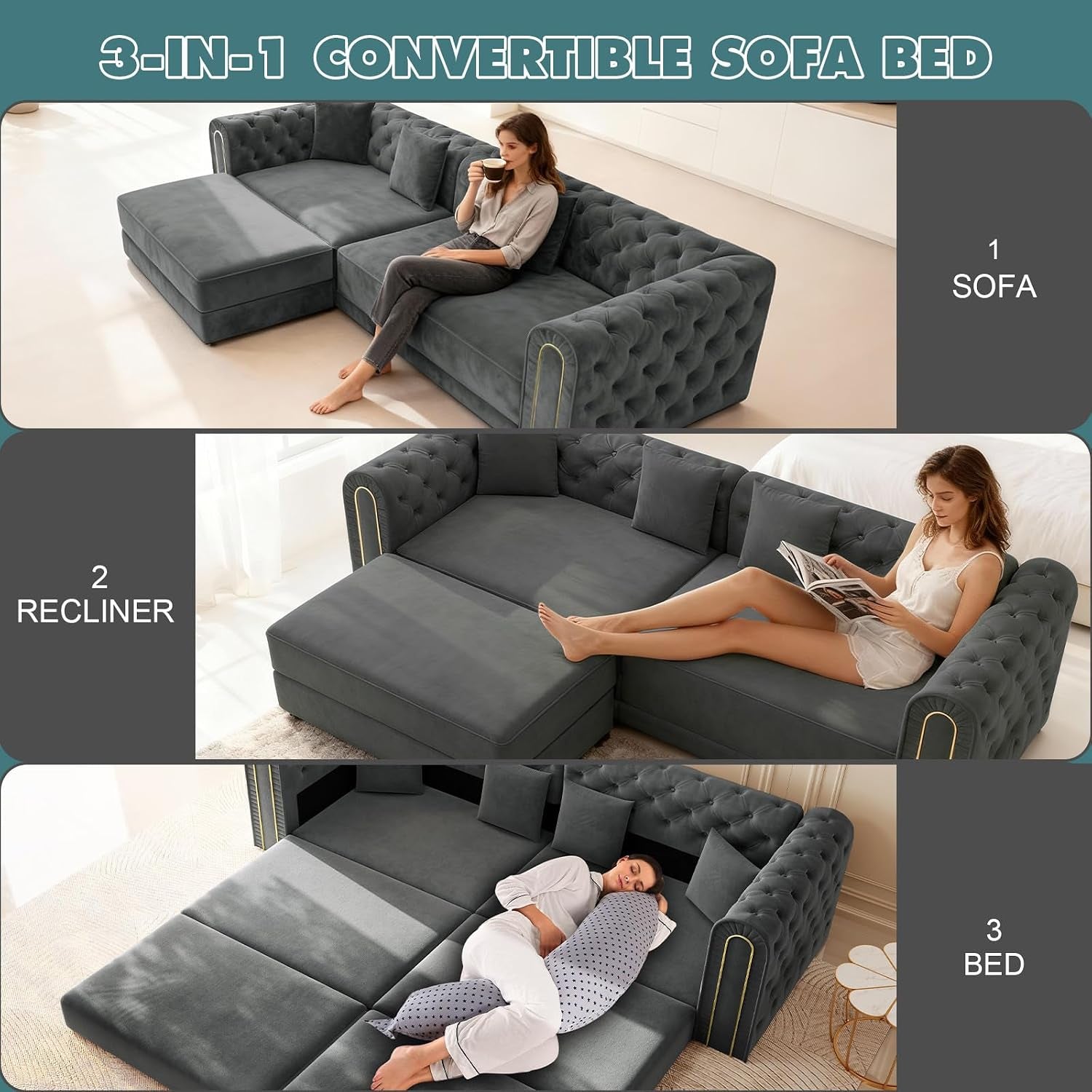 90.6" King Size Sleeper Sofa Bed, 3-In-1 Convertible Foldable Chesterfield Floor Couch with Ottoman, Oversized Velvet Button Tufted L Shaped Sofa for Living Room Small Spaces, Dark Grey