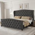 Queen Size Bed Frame Velvet Upholstered Platform Bed with Wingback Headboard & Footbaord, Deep Button Tufted Bed Frame with Wood Slats Support, No Box Spring Needed, Grey