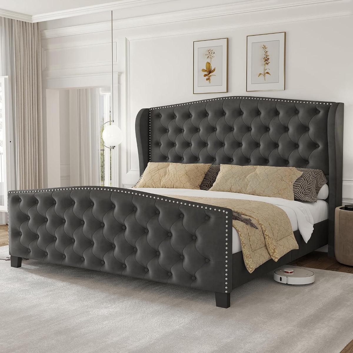 Queen Size Bed Frame Velvet Upholstered Platform Bed with Wingback Headboard & Footbaord, Deep Button Tufted Bed Frame with Wood Slats Support, No Box Spring Needed, Grey