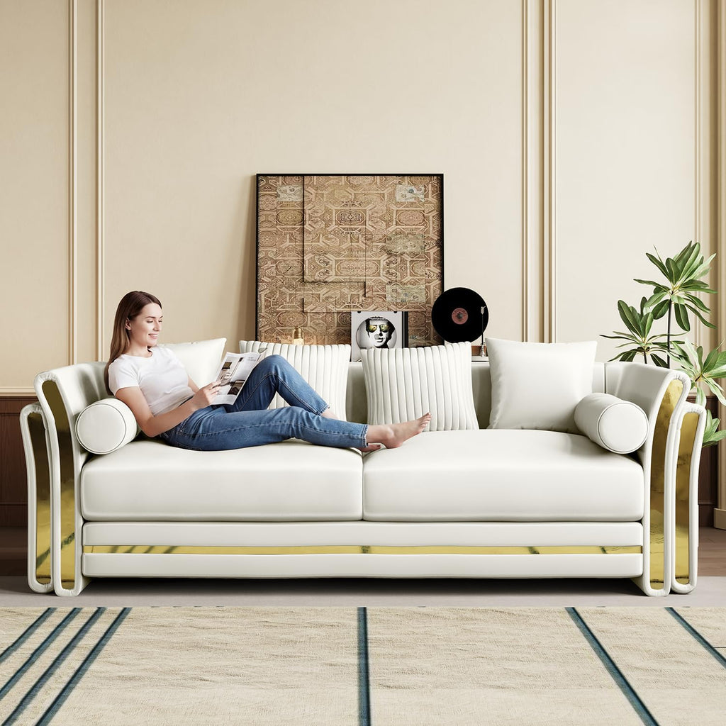 Luxury Chesterfield Loveseat and Sofa Set, Tufted Velvet Gold Couch, White