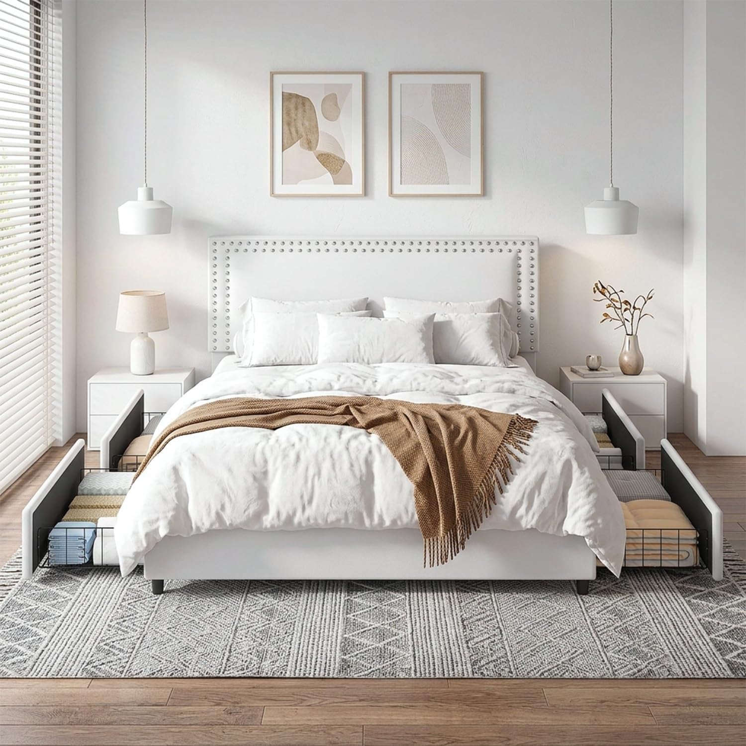 Queen Size Upholstered Bed Frame with 4 Storage Drawers, Adjustable Velvet Rivet Decor Headboard, Wooden Slats Platform Support, No Box Spring Needed, Easy Assembly,White