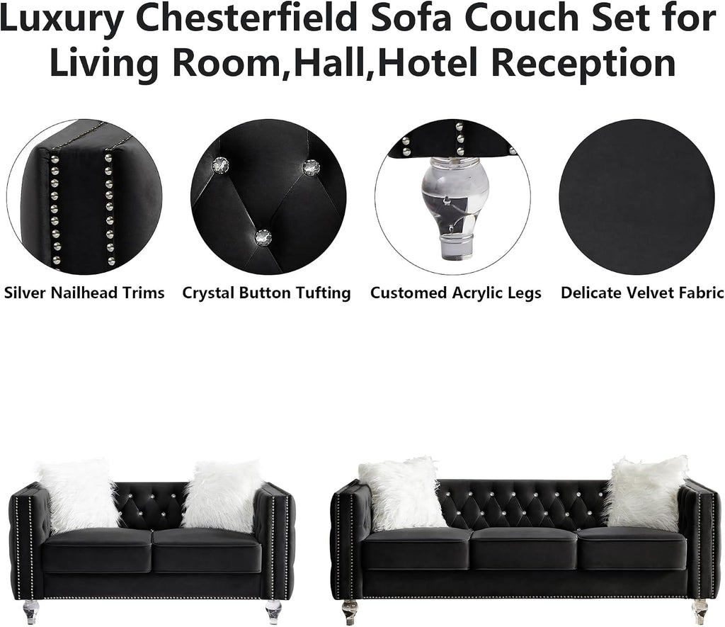 2 Piece Chesterfield Sofa Couch Set for Living Room,Luxury Crystal Button Tufted Sofas with Silver Nailhead Trim Set of 2,Including a Loveseat and a 3 Seater Sofa for Apartment,Velvet Black