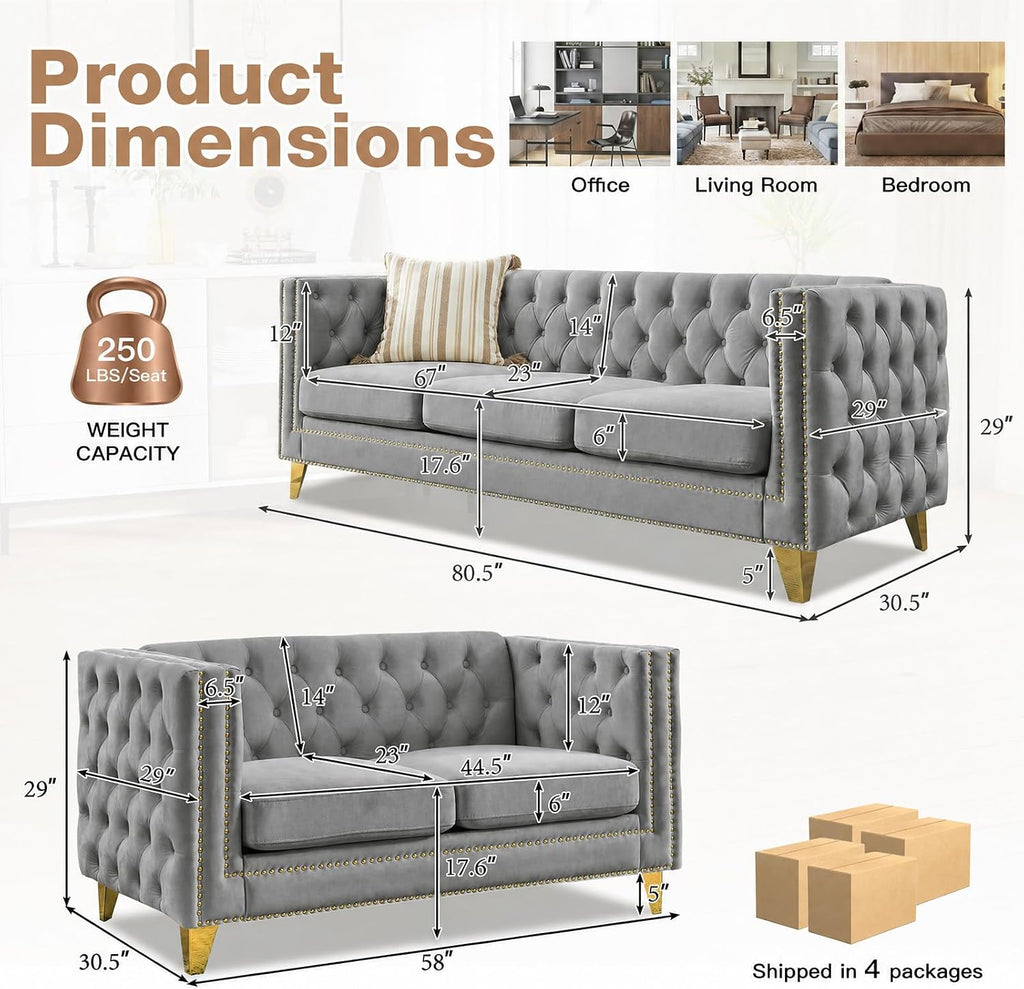 2 Piece Chesterfield Sofa, Velvet Couch and Loveseat Sets with Buttons Tufted, Mid Century Modern Couch with Nailhead Trim & Armrest, Couches for Living Room, Bedroom, Apartment(Grey,58''W+80.5''W)