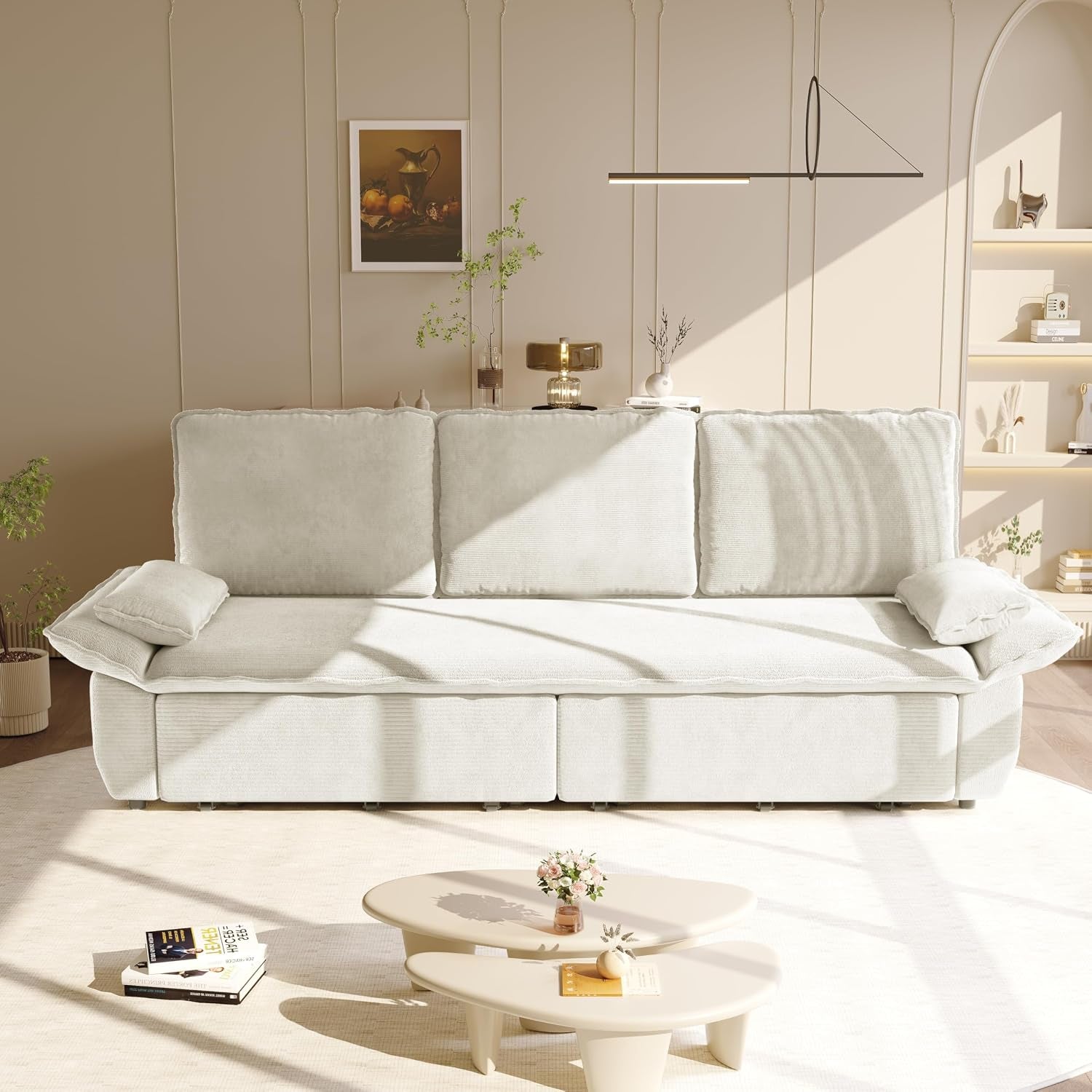 94.5'' King Size Sleeper Sofa Bed, Comfy Corduroy Pull Out Couch, Beige