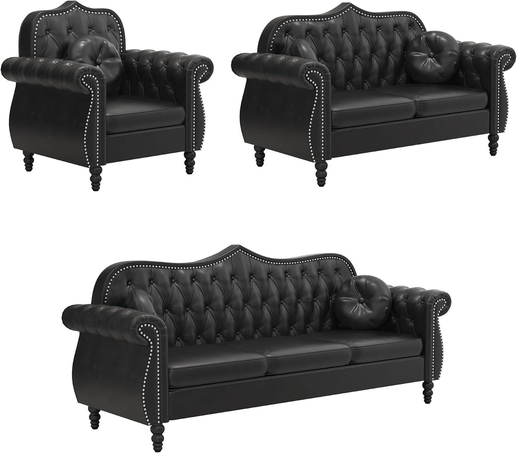 Chesterfield 3-Piece Living Room Sectional Sofa Set, Mid-Century Modern Upholstered PU Sofa Couch, Classic Tufted Button Sofa with Nailhead Trim for Living Room, Office (Black)