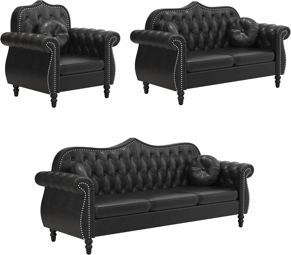 Chesterfield 3-Piece Living Room Sectional Sofa Set, Mid-Century Modern Upholstered PU Sofa Couch, Classic Tufted Button Sofa with Nailhead Trim for Living Room, Office (Black)