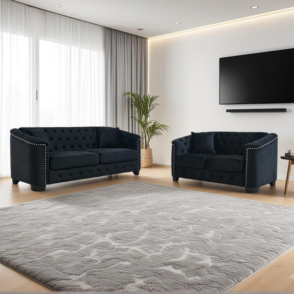 2 Piece Modern Chesterfield Velvet 77" 3-Seater + 59" Loveseat Sofa Set, Upholstered Tufted Backrests with 8" Nailhead Arms and 4 Cushions for Living Room (Black, 77" 3-Seater + 59" Loveseat Sofa Set)