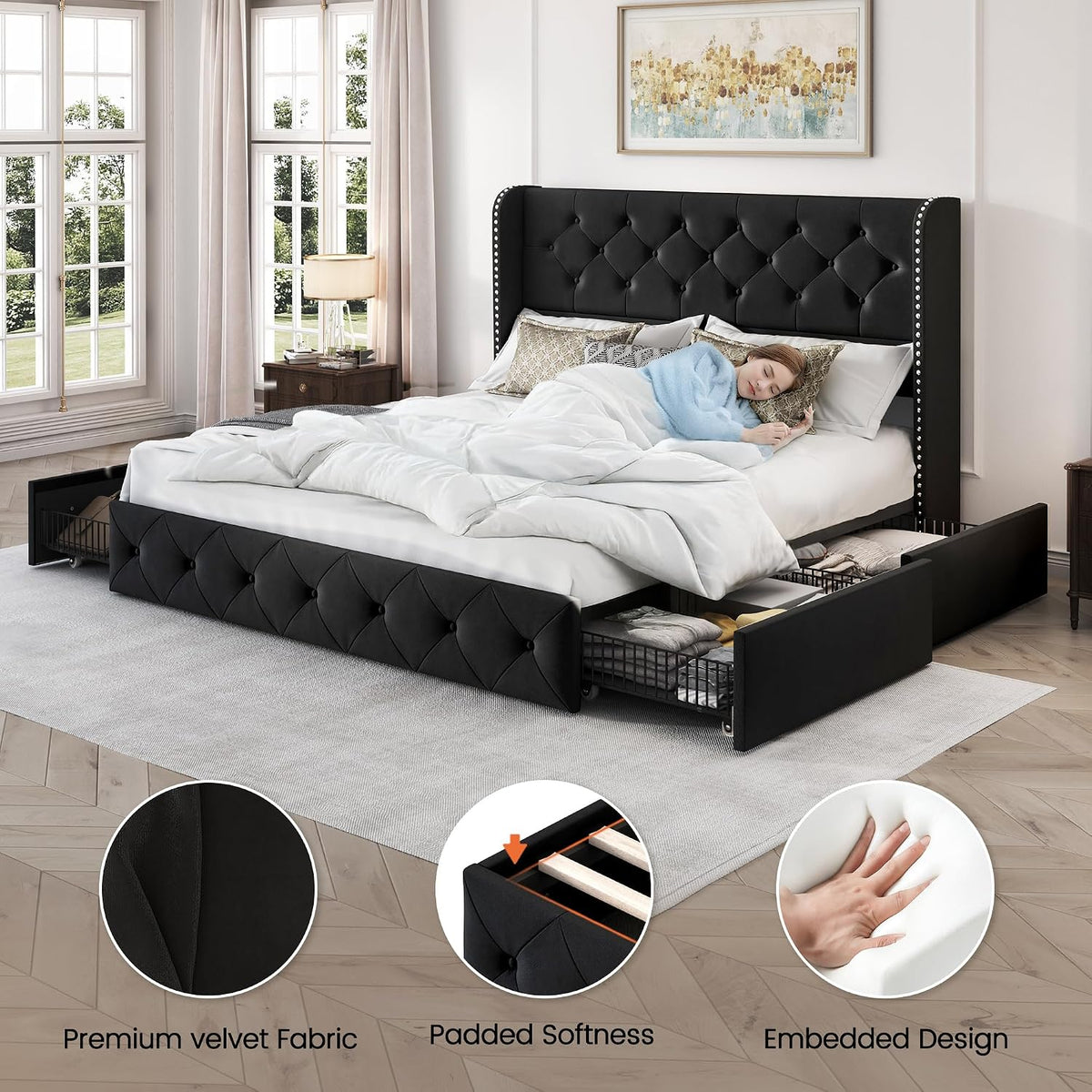 Queen Size Bed Frame with 4 Storage Drawers and 47.2" Tall Wingback Headboard Upholstered Platform Beds Velvet Tufted Bed Frame with Wooden Slats Support, Easy Assembly, Black