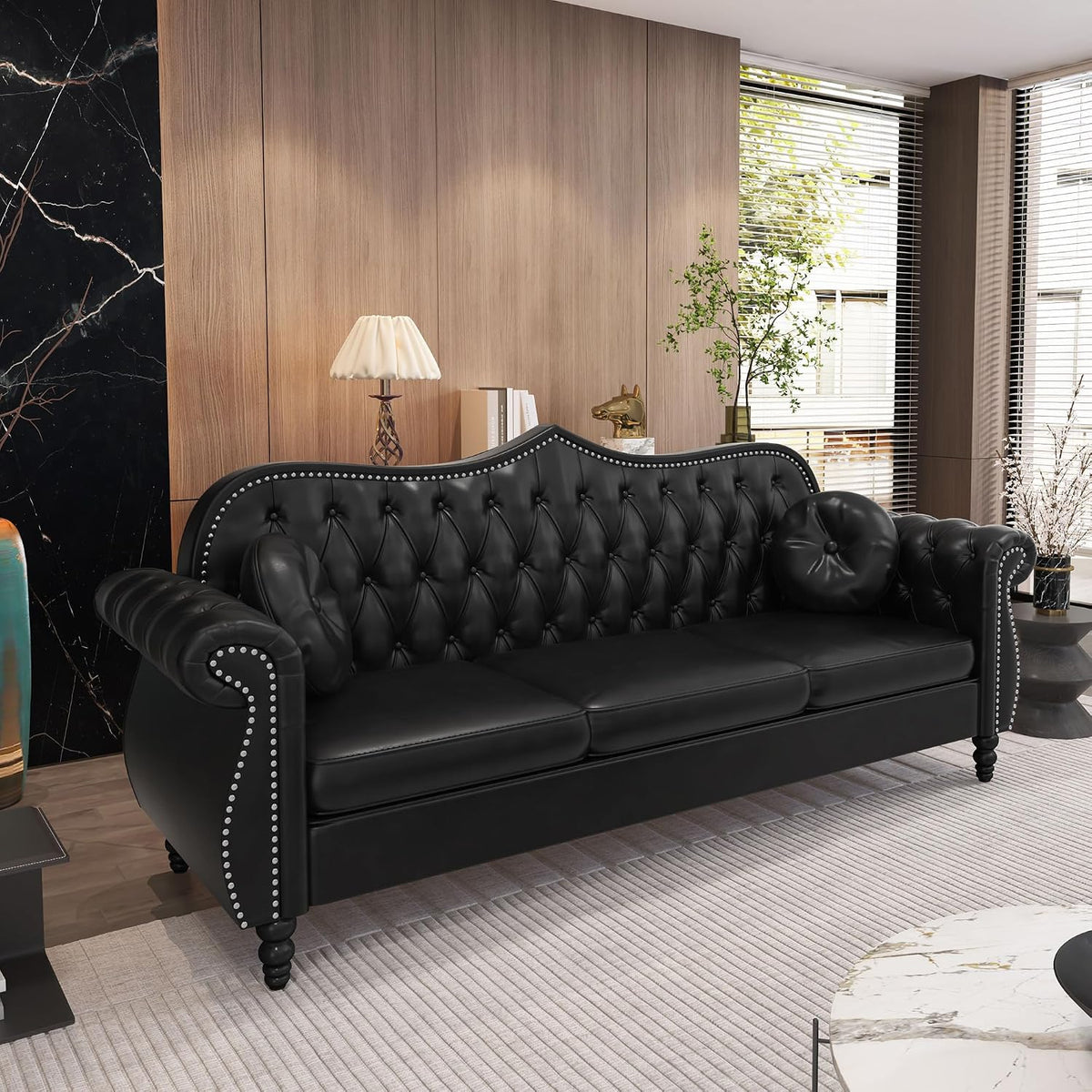 Chesterfield 3-Piece Living Room Sectional Sofa Set, Mid-Century Modern Upholstered PU Sofa Couch, Classic Tufted Button Sofa with Nailhead Trim for Living Room, Office (Black)