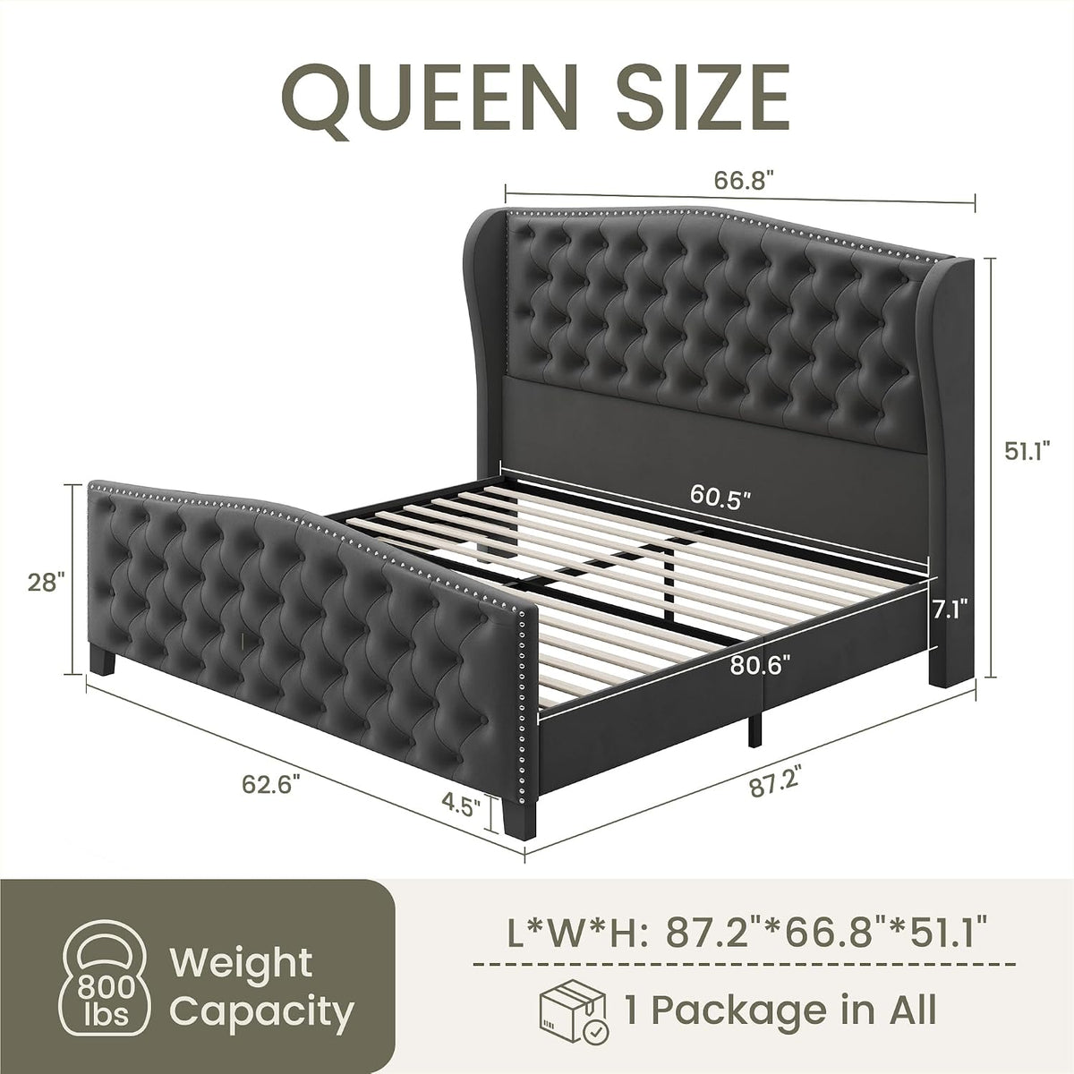 Queen Size Bed Frame Velvet Upholstered Platform Bed with Wingback Headboard & Footbaord, Deep Button Tufted Bed Frame with Wood Slats Support, No Box Spring Needed, Grey