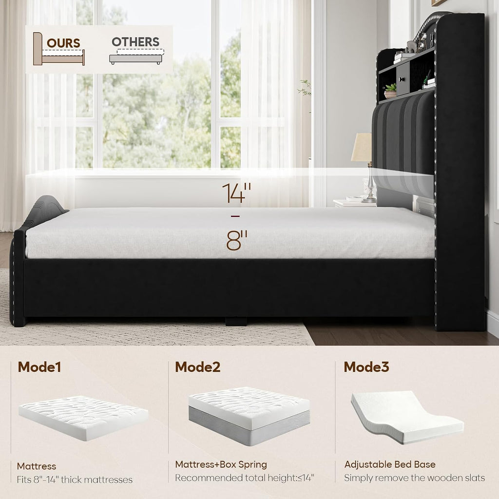 51.5" Queen Size Bed Frame with Headboard and Storage | Velvet Upholstered Bed Frame with LED Lights & Charging Station | No Box Spring Needed Tall Footboard Black
