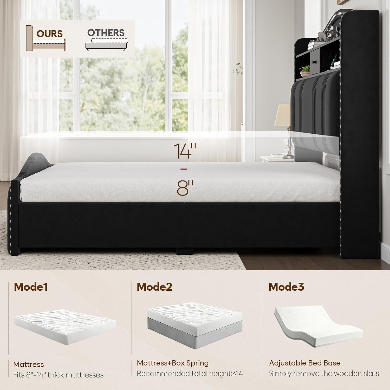 51.5" Queen Size Bed Frame with Headboard and Storage | Velvet Upholstered Bed Frame with LED Lights & Charging Station | No Box Spring Needed Tall Footboard Black