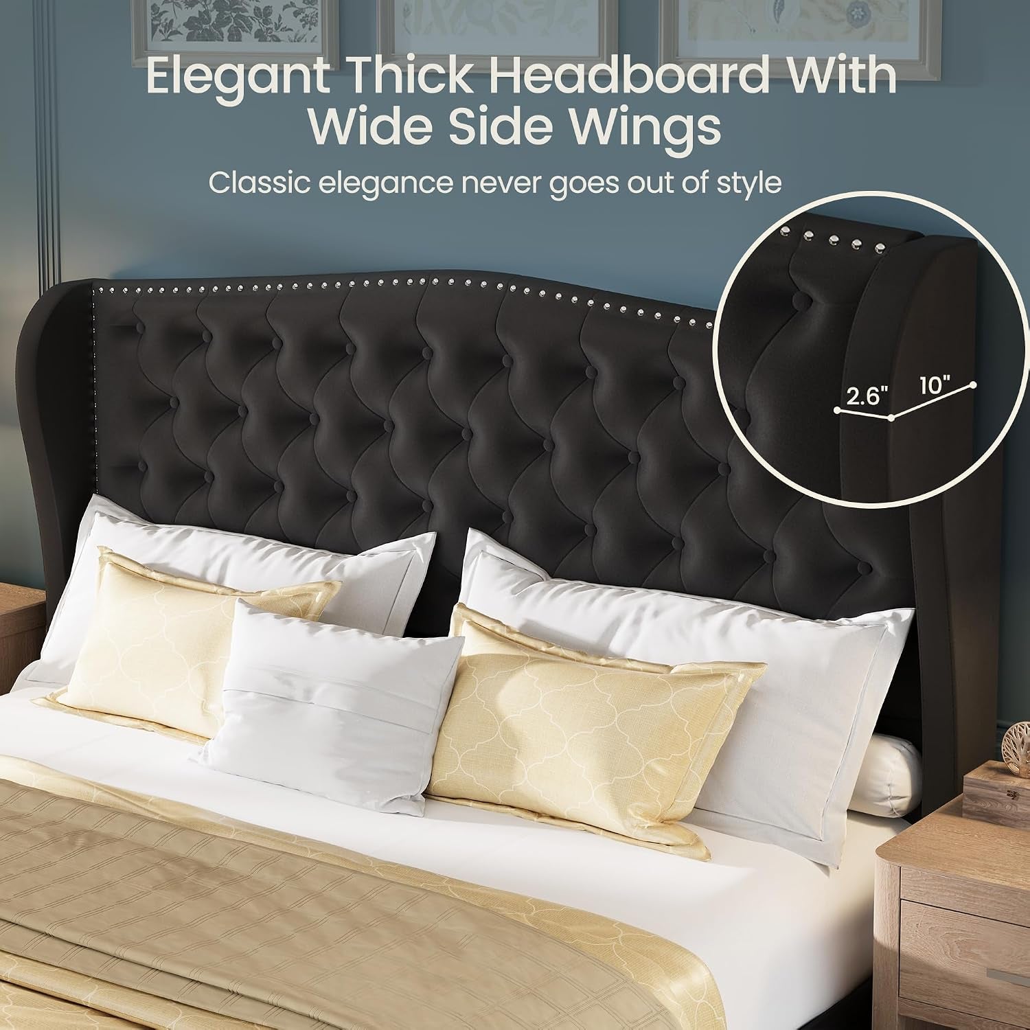 Queen Size Bed Frame Velvet Upholstered Platform Bed with Wingback Headboard & Footbaord, Deep Button Tufted Bed Frame with Wood Slats Support, No Box Spring Needed, Black