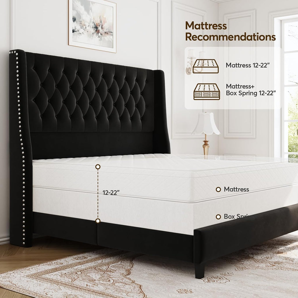 Queen Upholstered Bed Frame, 55.4'' Tall Headboard with Wingback