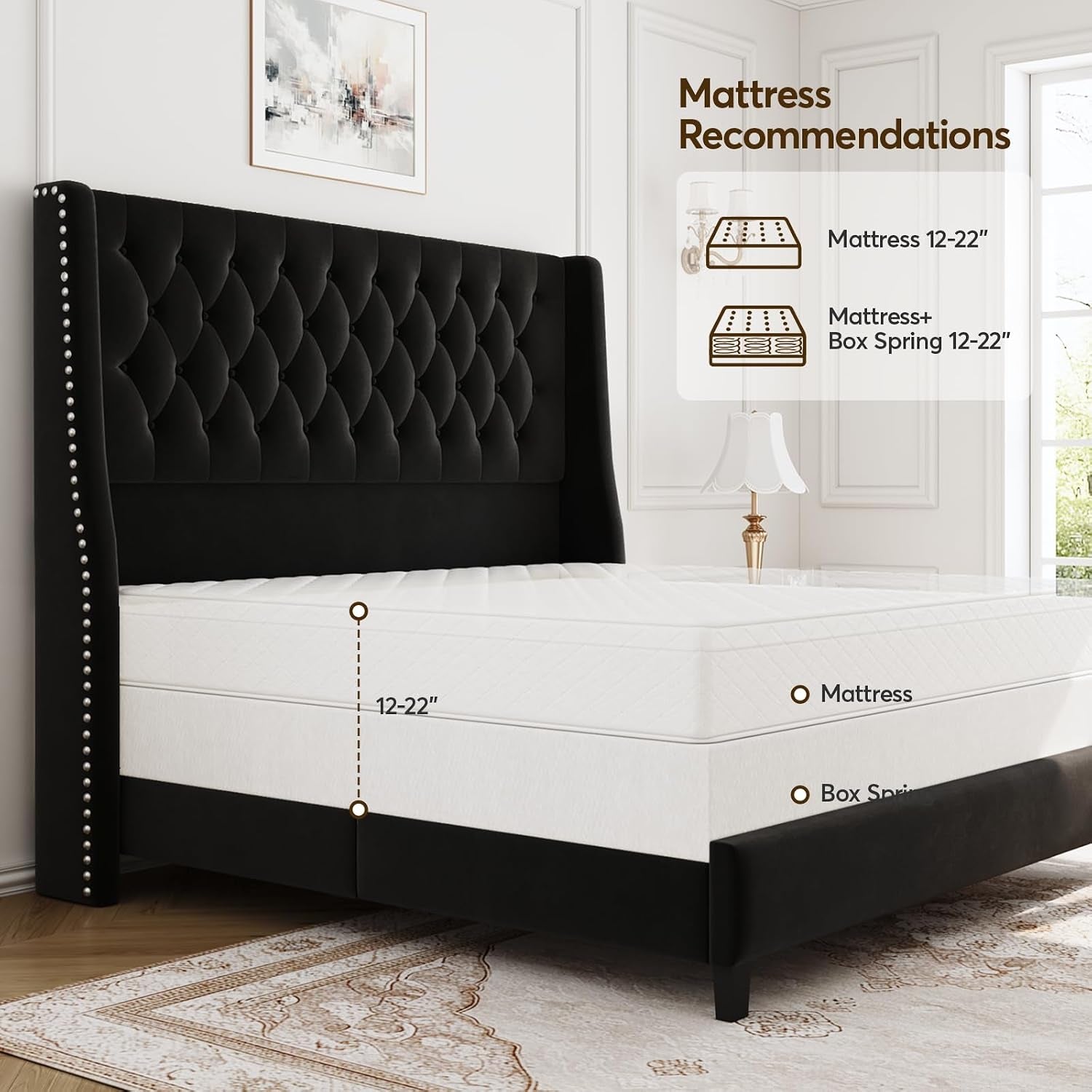 Queen Upholstered Bed Frame, 55.4'' Tall Headboard with Wingback