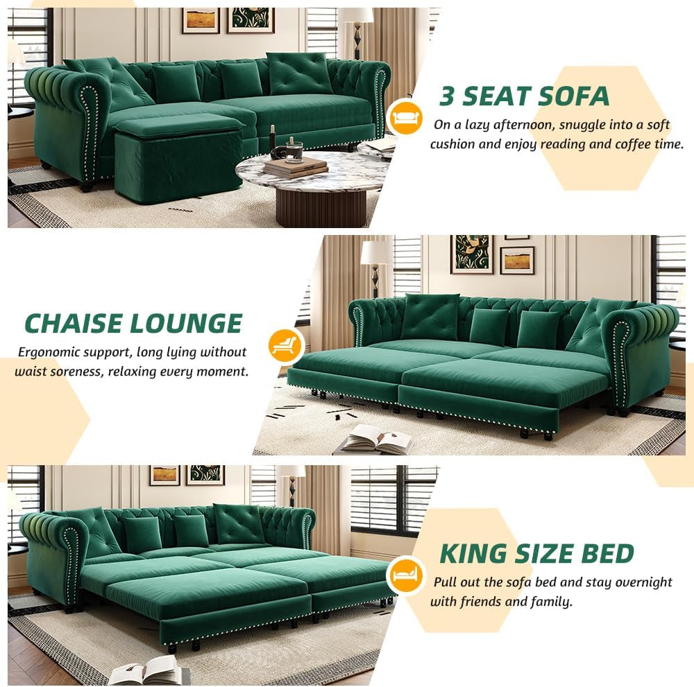 89" King Size Sleeper Sofa Bed, 3-In-1 Convertible Pull Out Chesterfield Sleeper Couch with Ottoman, Oversized Velvet Button Tufted L Shaped Sofa for Living Room Small Spaces (Green)