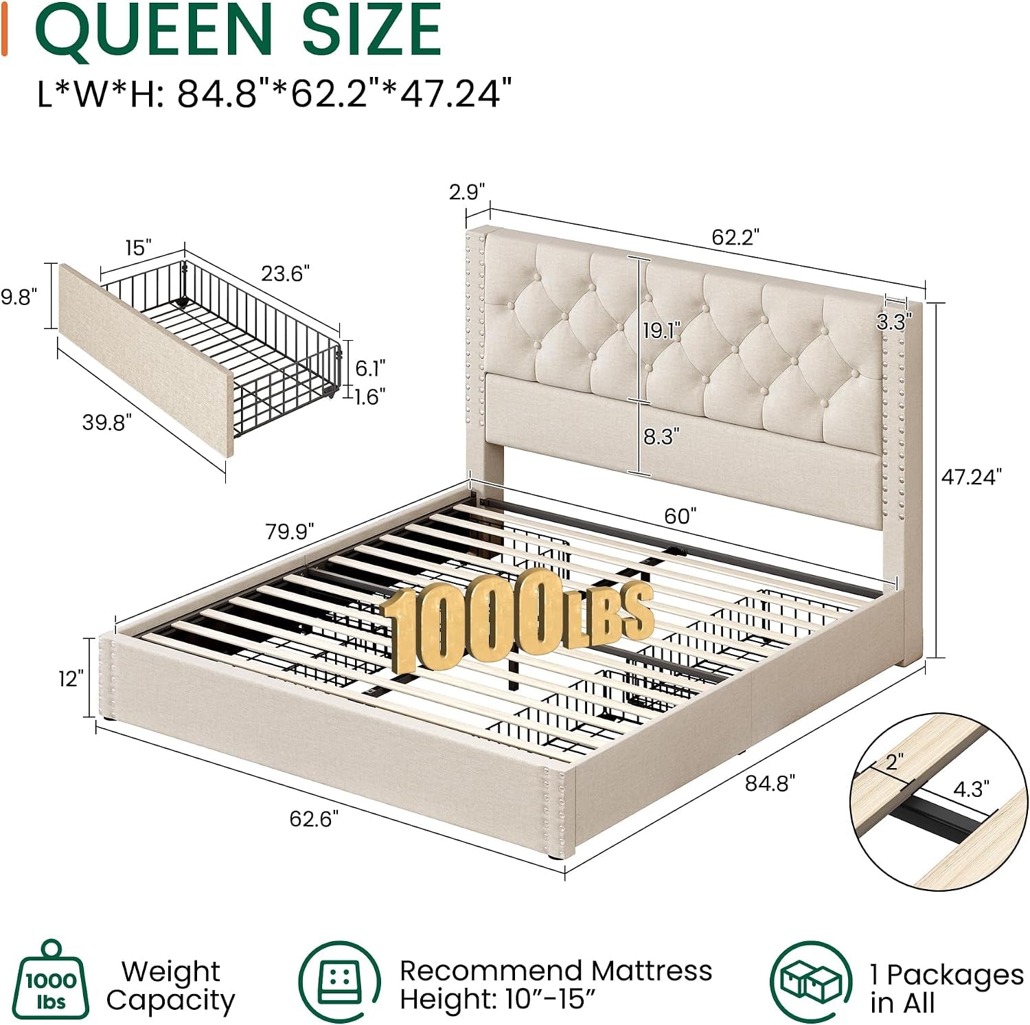 Queen Size Bed Frame with 4 Storage Drawers and Tufted Headboard Linen Upholstered Platform Bed Frame with Heavy Duty Wood Slats, No Box Spring Needed, Easy Assembly, Beige
