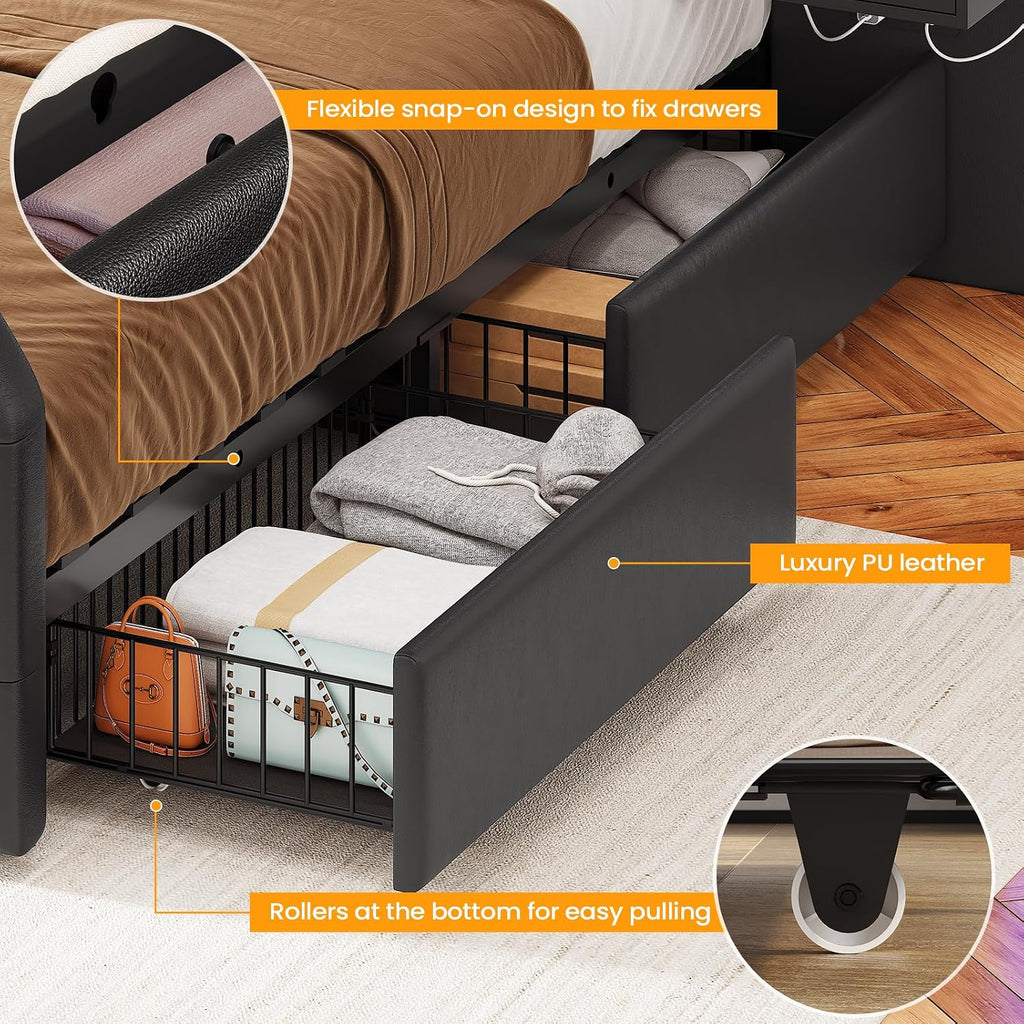 Queen Bed Frame with 53" Tall Headboard and 4 Storage Drawers, PU Leather Upholstered Platform Bed Frame, Built in Charging Station & Led, 2 Nightstands with Mirror, Black