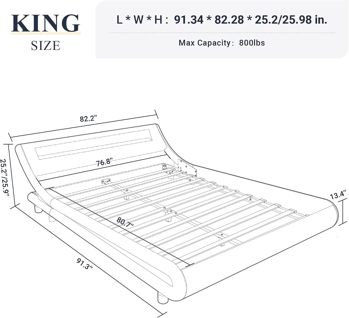 King Size LED Platform Bed Frame with Adjustable Headboard, Black