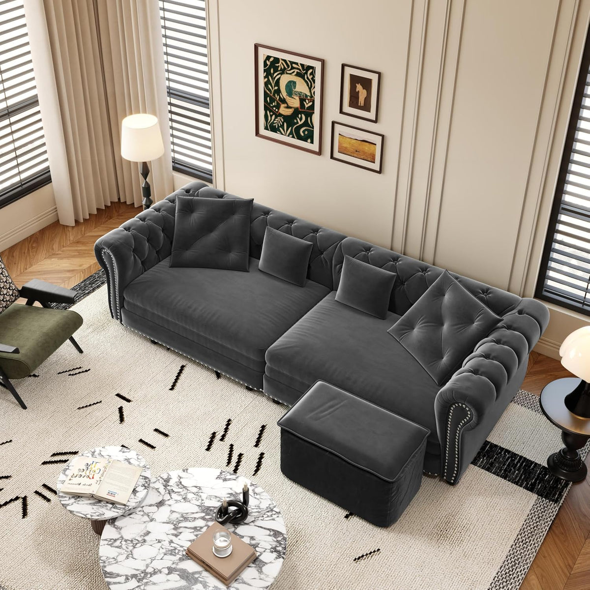 89" King Size Sleeper Sofa Bed, 3-In-1 Convertible Pull Out Chesterfield Sleeper Couch with Ottoman, Oversized Velvet Button Tufted L Shaped Sofa for Living Room Small Spaces, Grey