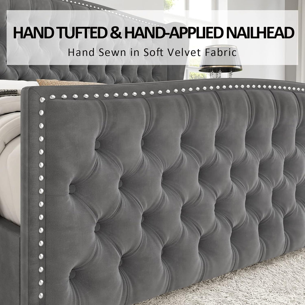Queen Size Bed Frame with Velvet Upholstered Wingback Headboard