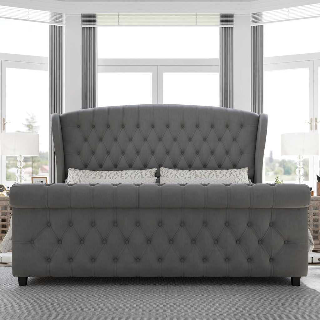 Queen Size Upholstered Sleigh Bed Frame with Wingback Headboard