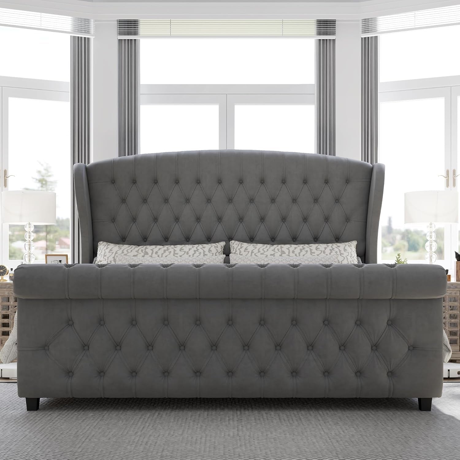 Queen Size Upholstered Sleigh Bed Frame with Wingback Headboard