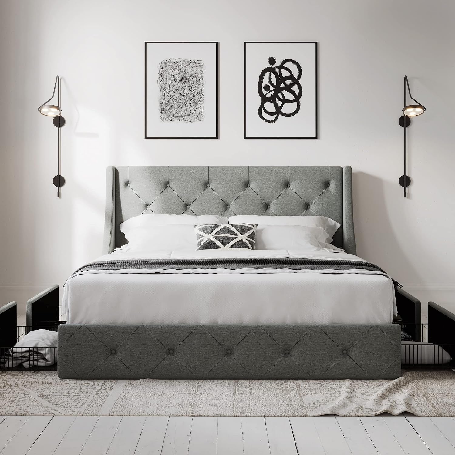 Queen Bed Frame with 4 Storage Drawers and Wingback Headboard, Button Tufted Design, No Box Spring Needed, Light Grey